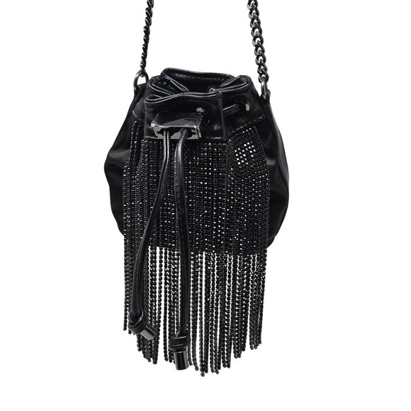 Aldo Mackie Black Faux Leather Bucket Bag Rhinestone Fringe Festival Party - Picture 1 of 13